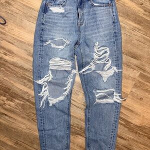 American Eagle Outfitters Distressed Light Blue Wide-Leg Jeans